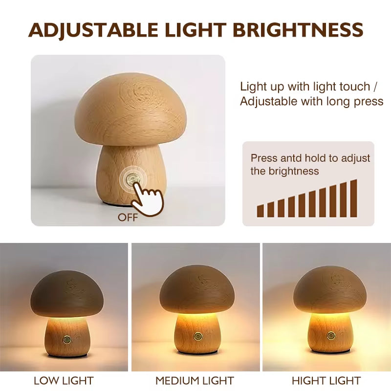Wooden Mushrooms Night Light Touch Switch Bedroom Bedside Table Lamp Walnut Beech Wood Warm Dimmable Desk Light USB Chargeable